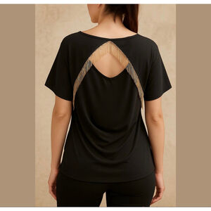 Lucky 777 Cotton top blouse with gold metallic tassels on a back grey Sz 3XL